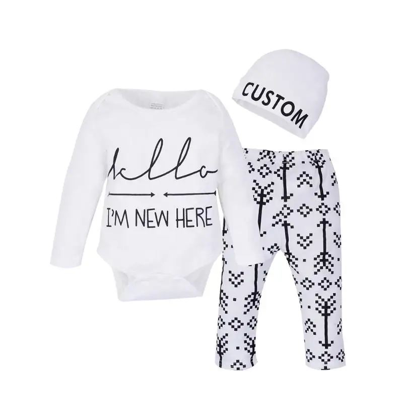 

3pcs Autumn Baby Boy Girl Letter Print Long Sleeve Romper + Pants + Hat Infant Toddlers Outfits Set Warm Cotton Clothes for Baby
