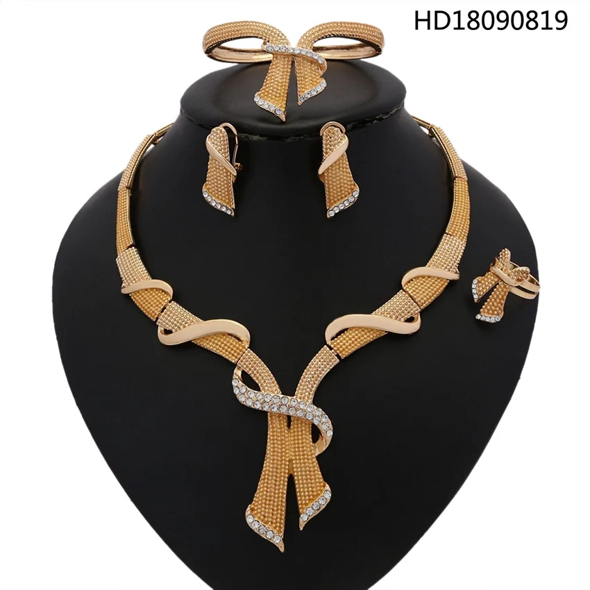 

YULAILI African Jewelry Sets for Bridal Wedding Gold Color Necklace Bangle Earrings Ring Ladies Costume Accessories