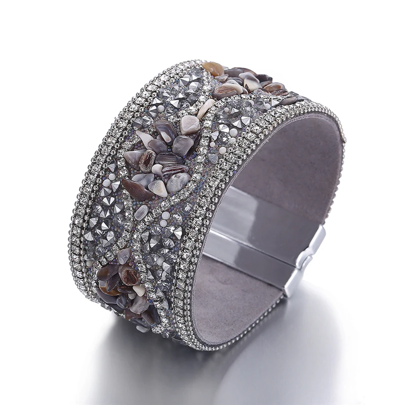 

Bohemia Rhinestone Wide Shining Women Bracelet & Bangles Vintage 3 Color Magnetic Wrap Charm Leather Bracelet Female Jewelry