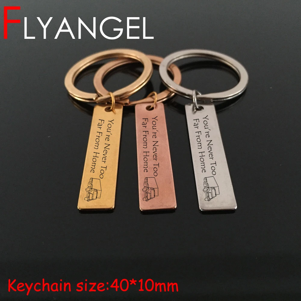 

FLYANGEL Engraved Keychain Truck You're Never Too Far From Home Cute Driver Car key Tag Gifts For Dad Boyfriend Key Holder