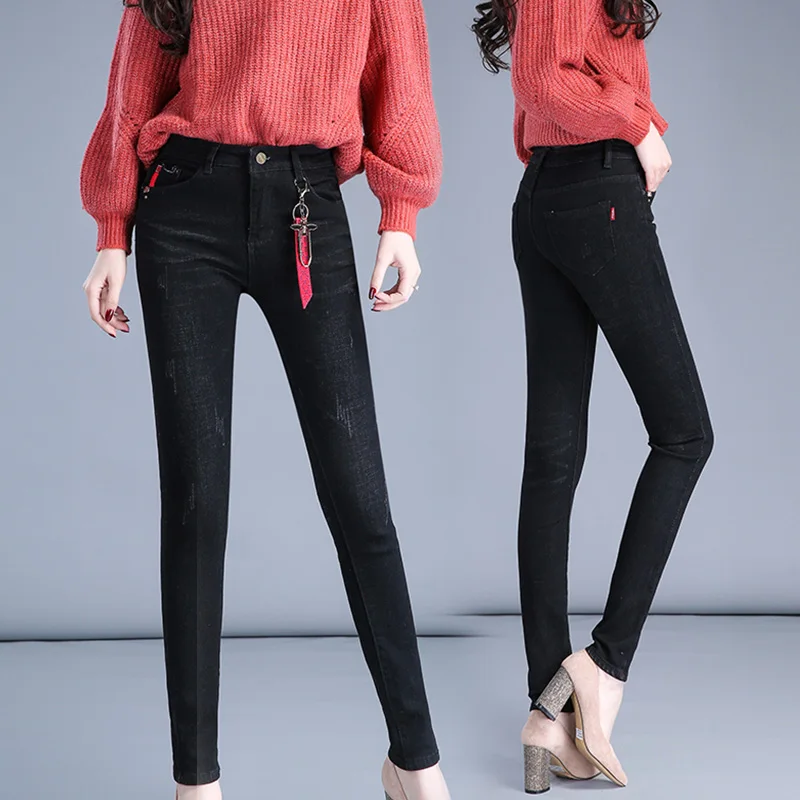 

jeans woman full-length pants mid-waist comfortable and elastic all seasons casual skinny wear washed black denim sanding