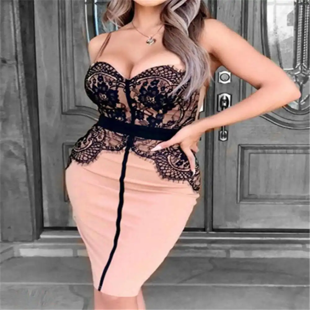 

2019 Women Summer Bodycon Casual Sleeveless Sexy Lace Dresses Lady Party Club Short Dress