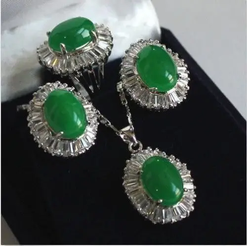 

beautiful natural green jade crystal silver pendant ring earring jewelry set