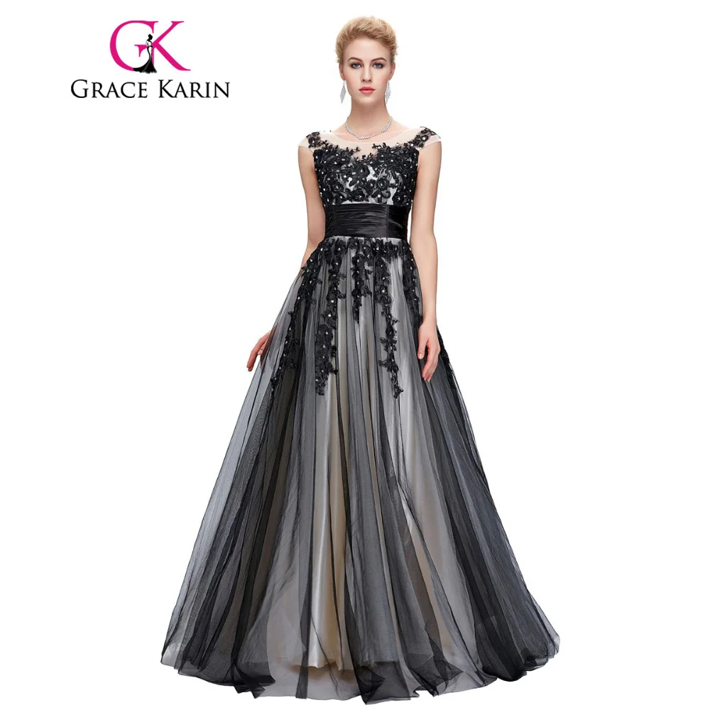 Buy Cheap Grace Karin 2017 Soft Tulle Lace Long Black Appliques Evening Dresses Elegant Sequin Sleeveless Formal Evening Dress Party Gowns