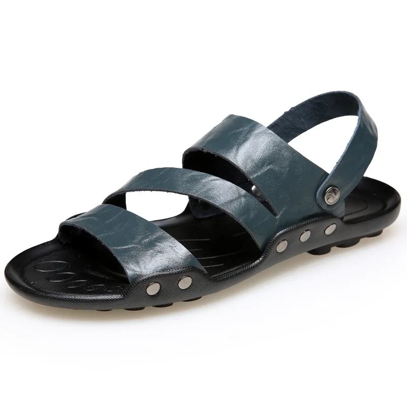 QFFAZ/мужские сандалии; летние мужские шлепанцы; кожаная обувь; пляжные Повседневные Дышащие домашние тапочки; Мужская обувь; шлепанцы; Zapatos; размер 48 - Цвет: Blue
