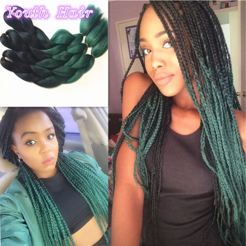 100g Black/dark Green Hair,Two tone Colored 100% Ombre Kanekalon Braiding H...