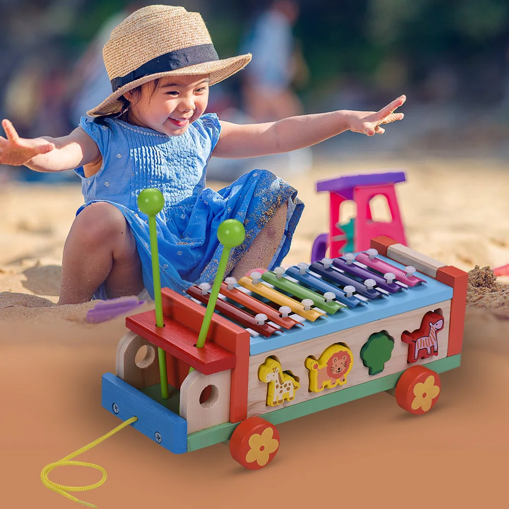 

Multifunctional Wooden Toy Car with 8 Notes Xylophone Glockenspiel 7 Cute Animal-shaped Blocks Early Educational Toys for Kids