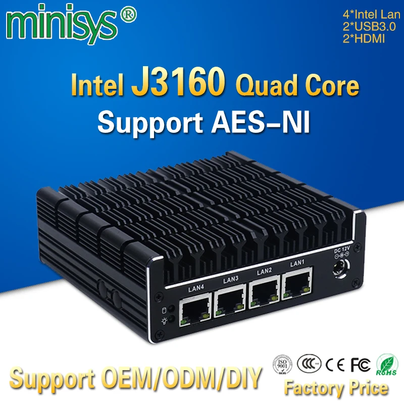 Minisys NUC мини-ПК Celeron J3160 Четырехъядерный 4 Intel i210AT Nic X86 компьютер Мягкий маршрутизатор Linux сервер поддержка Pfsense AES-NI