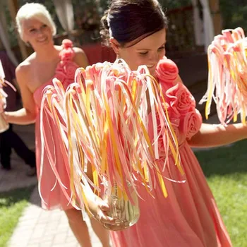 

20pcs/lot Wedding Ribbon Sticker Wands Magic Colorful Ribbon Happy Wedding Twirling Streamers with Bells Wedding Props Supplies