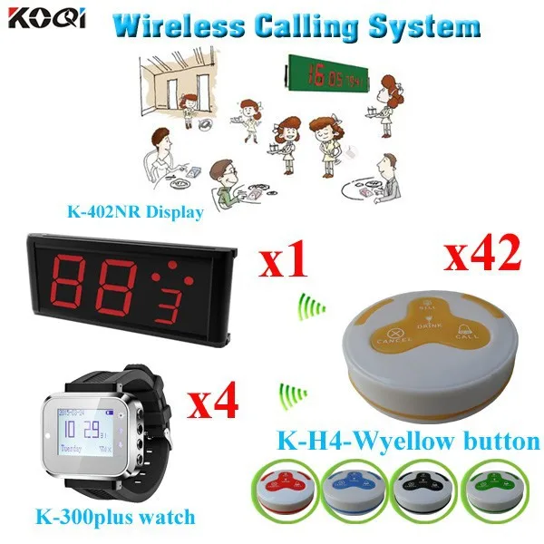 K-402NR+300plus+H4-Wyellow 1+4+42 Wireless Calling System Hot Sell Battery Waterproof Buzzer Use Table Bell ( 1 display + 4 watch + 42 call button)