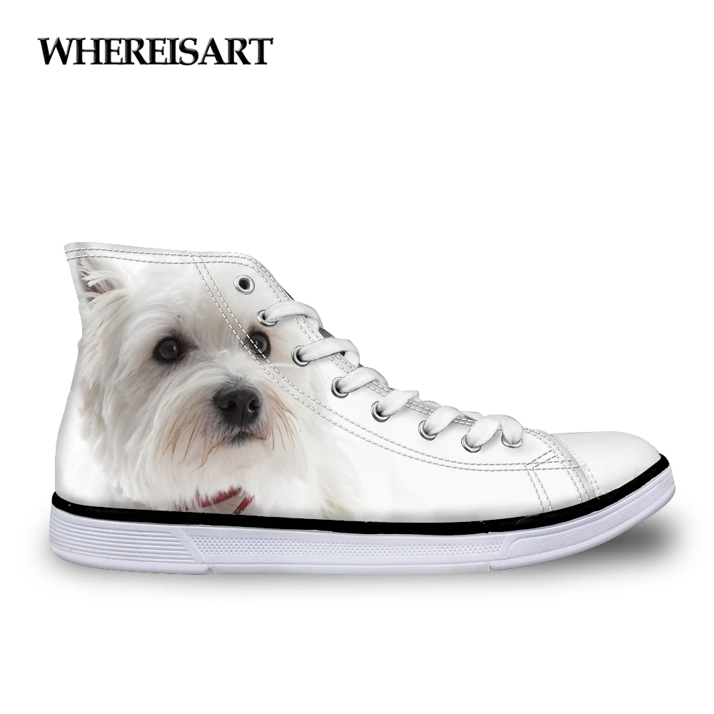 

WHEREISART Cute Women Flats Canvas Shoes 3D Animal Yorkshire Print High Top Lace-up Vulcanized Shoes for Female Women's Sneaker
