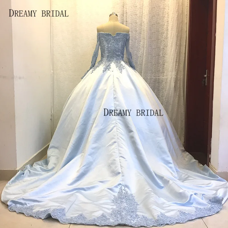 Dreamy Bridal Blue Long Wedding Dresses Ball Gown Sweetheart Long Sleeves Off the Shoulder Lace Beads Bride Gowns Custom Made-5