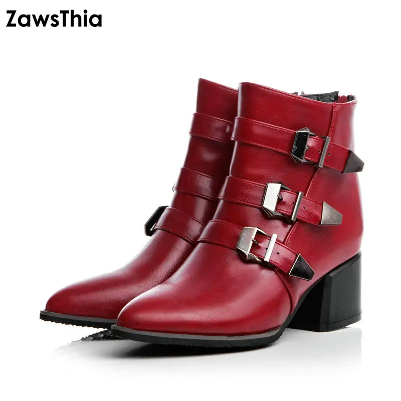 

ZawsThia new pointed toe square high heels shoes winter buckle motorcycle ankle boots PU martin boots black red grey women boots