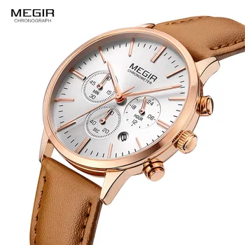 

Megir Chronograph Date Indicator Brown Leather Strap Quartz Wrist Watch for Women Ladies Fashion Gold Rose Wristwatch Women