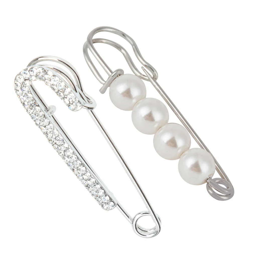 2pcs Lady Scarf Cloth Crystal Rhinestones Pearl Safety Pin Brooches Jewelry for Wedding Bridal