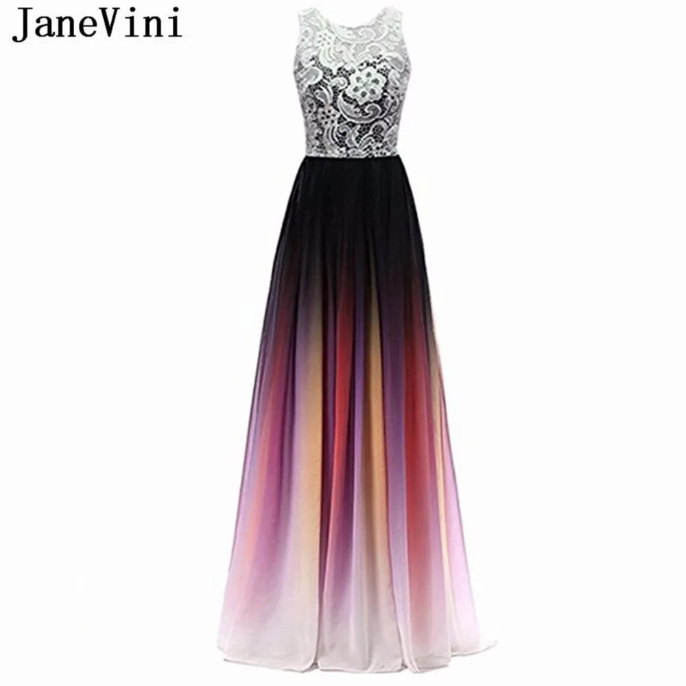 

JaneVini Simple Cheap Gradient Chiffon Long Bridesmaid Dresses A Line Lace O Neck Sleeveless Button Back Wedding Party Gown 2019