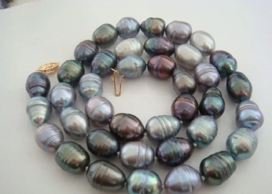 

Wholesale FREE SHIPPING 18"11-15MM Natural Tahitian Genuine black gray multic drop Pearl Necklace