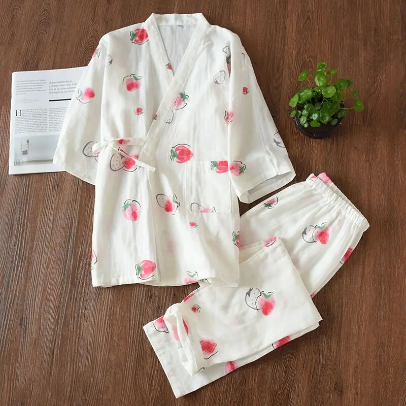 Летний свежий персиковый банный халат для женщин, японское кимоно, халаты, наборы для женщин, s, марлевые хлопковые простые пижамы, ночные костюмы - Цвет: White