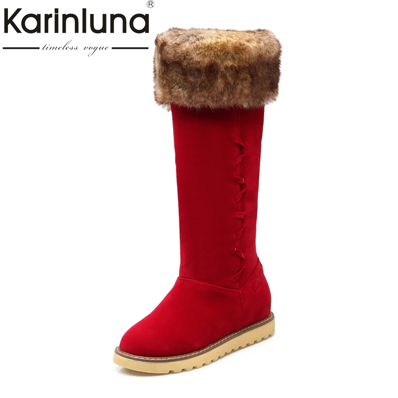 

KARINLUNA New Large Size 34-43 Black Red Women Shoes Woman Casual Flat Heel Add Warm Fur Long Plush Winter Snow Boots Knee High