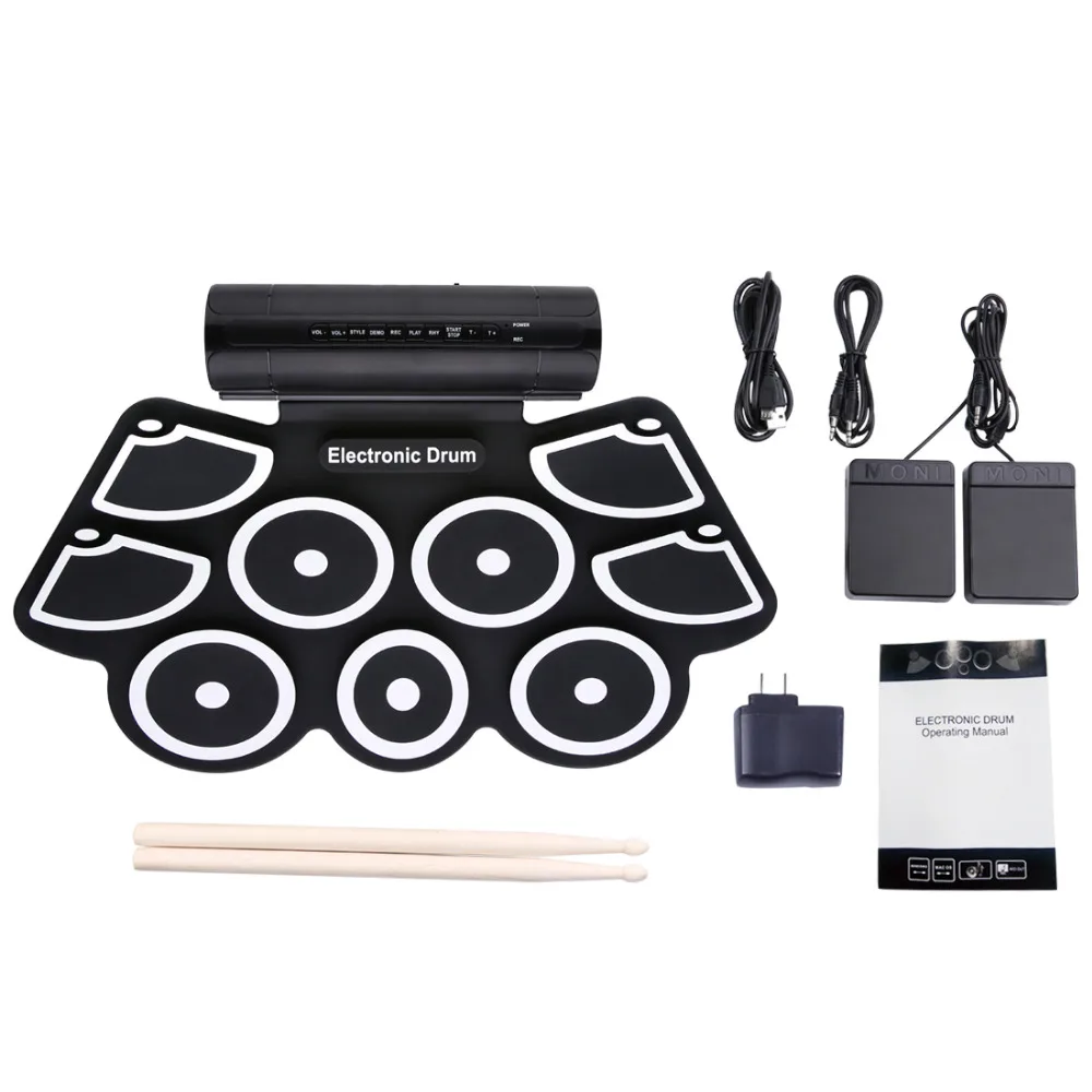 

Portable Roll Up Electronic Drum Set 9 Silicon Pads with Drumsticks Foot Pedals Built-in Speakers Support USB MIDI