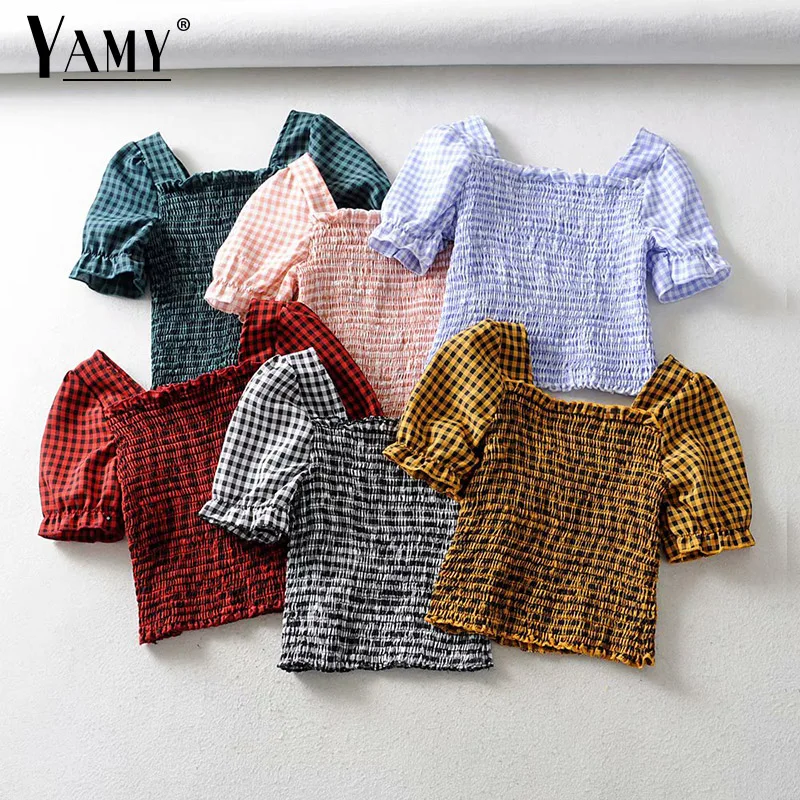 Клетчатая блузка женские топы с пышными рукавами modis blusas винтажная рубашка