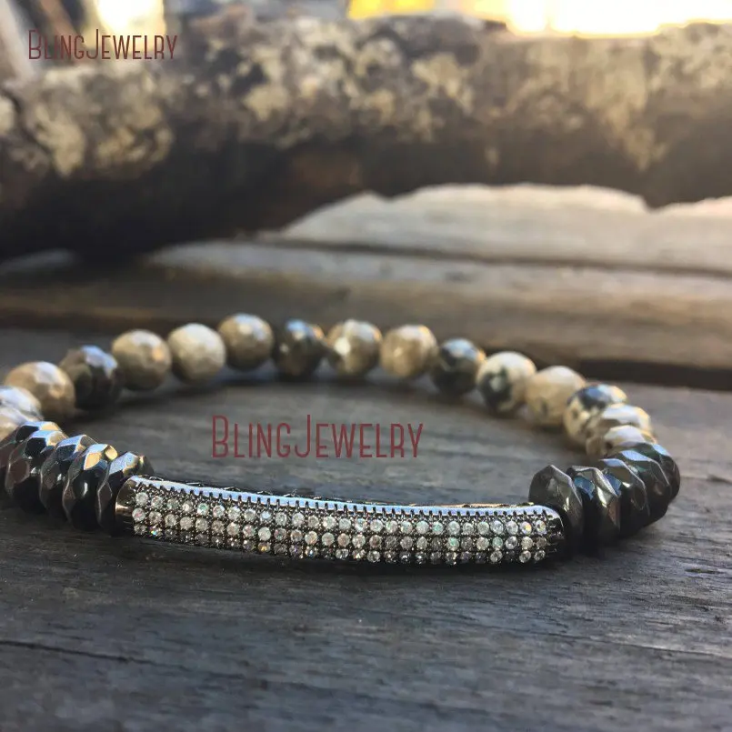 20180409-BM10765-Pave Bar Agate Beaded Stretch Bracelet Shabby Chic Stretch Bracelet Boho Cz Layering Beaded Bracelet Stackable Bracelet Micro Pave