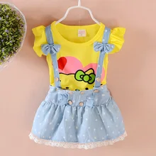 Летняя одежда для маленьких девочек 2 шт./компл. штаны с лямками+ футболка с коротким рукавом, платье принцессы, детская одежда для новорожденных девочек с героями мультфильмов Одежда для малышей Комплект