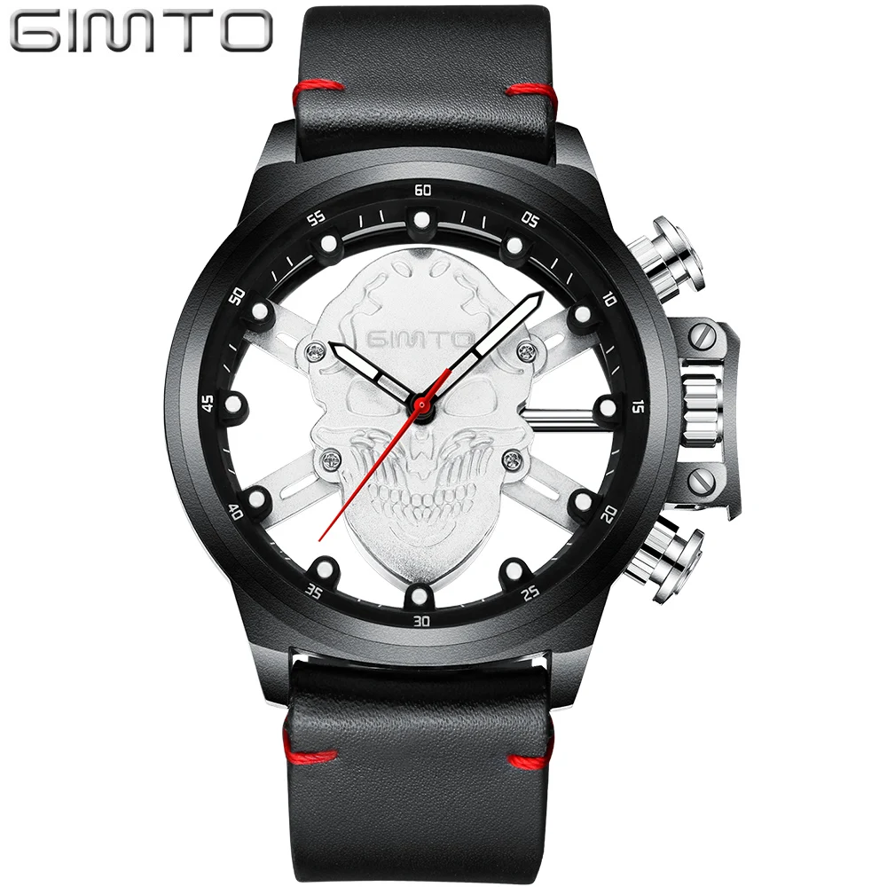 

Fashion Super Star Men Hollow Skull Watches Genuine Leather Skeleton Stylish Casual Quartz Male Wristwatch Punk Gothic Clock