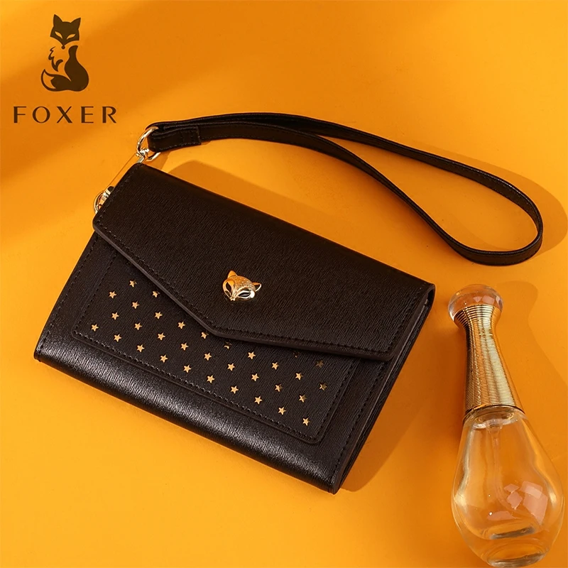 

FOXER Women Leather Short Standard Wallet Female Simple Purse Card Case Fashion Girl Coin Sequined Wallets & Card Holder