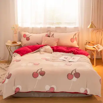 

Bedding Set Snow fluff Bed Set luxury Beige cherry Thicken Duvet Cover Set red Bed Sheet Pillowcases Twin Queen King size bed