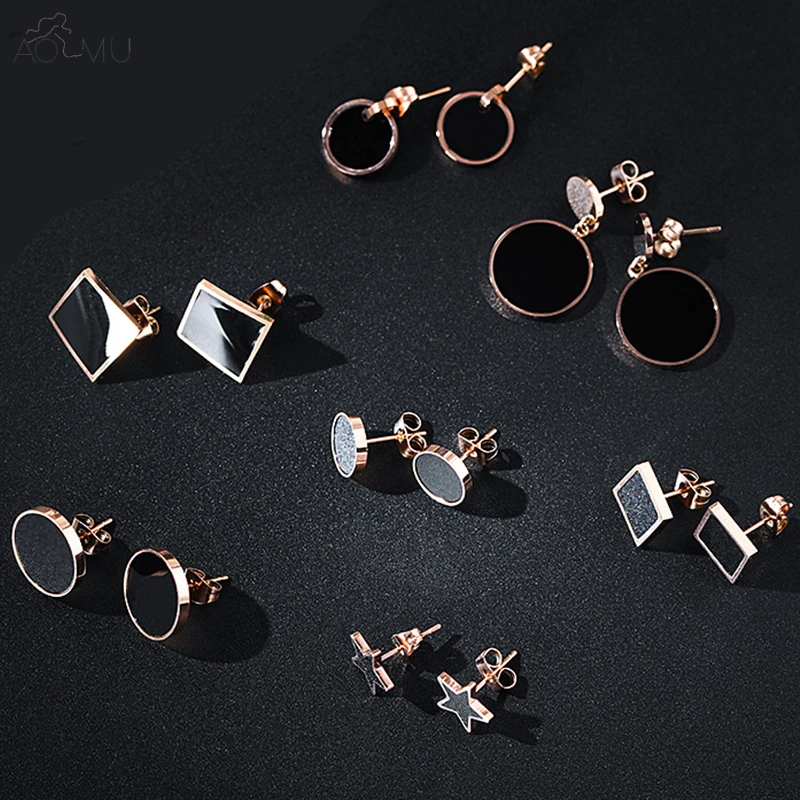 

AOMU 1Pair Geometric Round Plain Titanium Steel Stud Earrings Men Women Gold Metal Black Triangle Stainless Steel Earrings