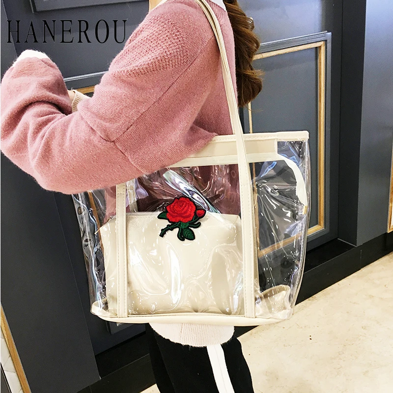 

HANEROU Vintage Large Capacity Jelly Clear Shoulder Bag Female Handbags PVC Embroidery Rose Beach Handbag Ladies Casual Totes