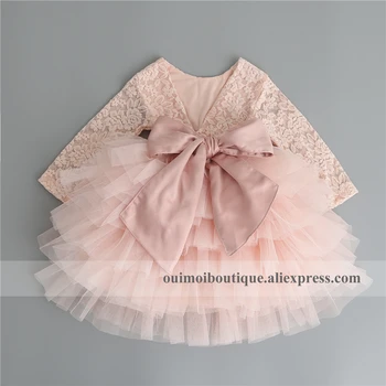 

2018 Spring Baby Girls Long Sleeve Lace Dresses Kids Princess Pink Puffy Dress With Ribbons New Year Wedding Birthday Costume