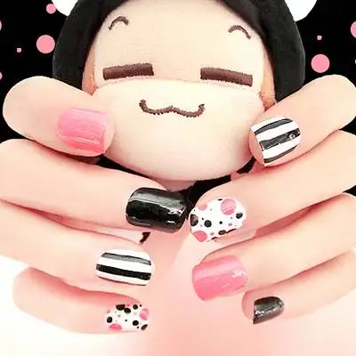

24Pcs Shiny Black False Nails Lovely Pink Dots Pattern stripe Acrylic Fake Nails DIY Nail Art Manicure Products