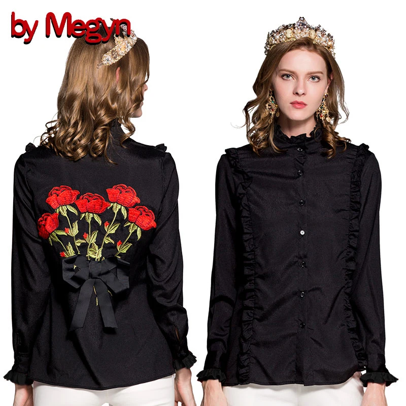 

by Megyn women shirts ruffle long sleeve floral embroidered bow solid shirt women blouses plus size 3XL 2019 new feminine shirts