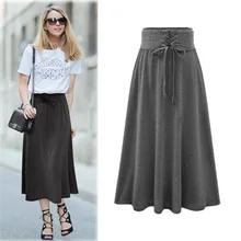 Новая модная женская юбка, высокая талия, плиссированная, одноцветная, половина длины, эластичная юбка для женщин, подходит ко всему, на шнуровке, юбка до середины икры