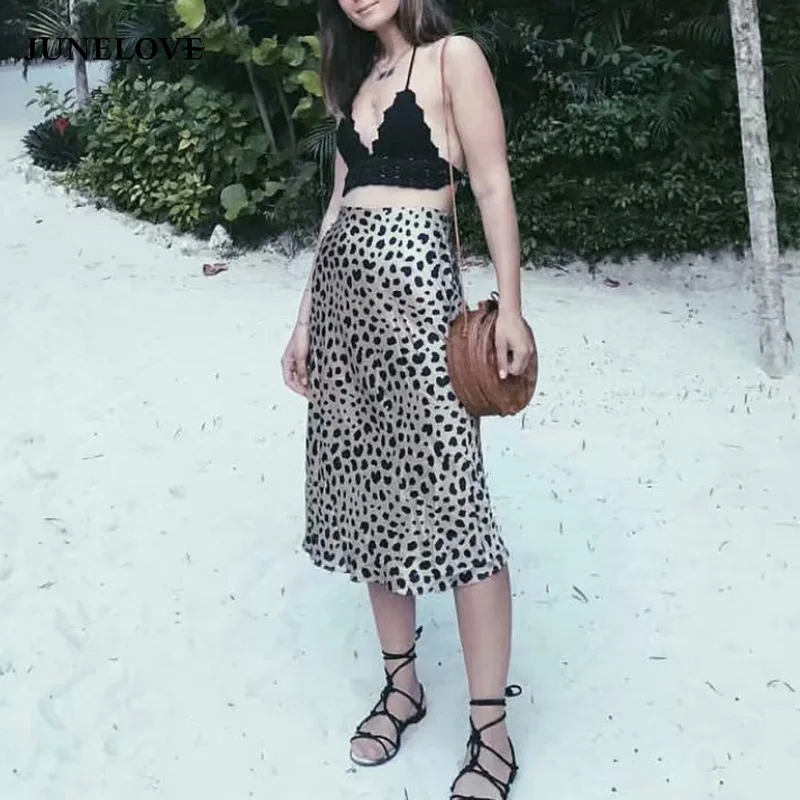 

JuneLove Women Summer kawaii boho bodycon leopard animal print high waist skirts womens midi leopard skirt punk streetwear