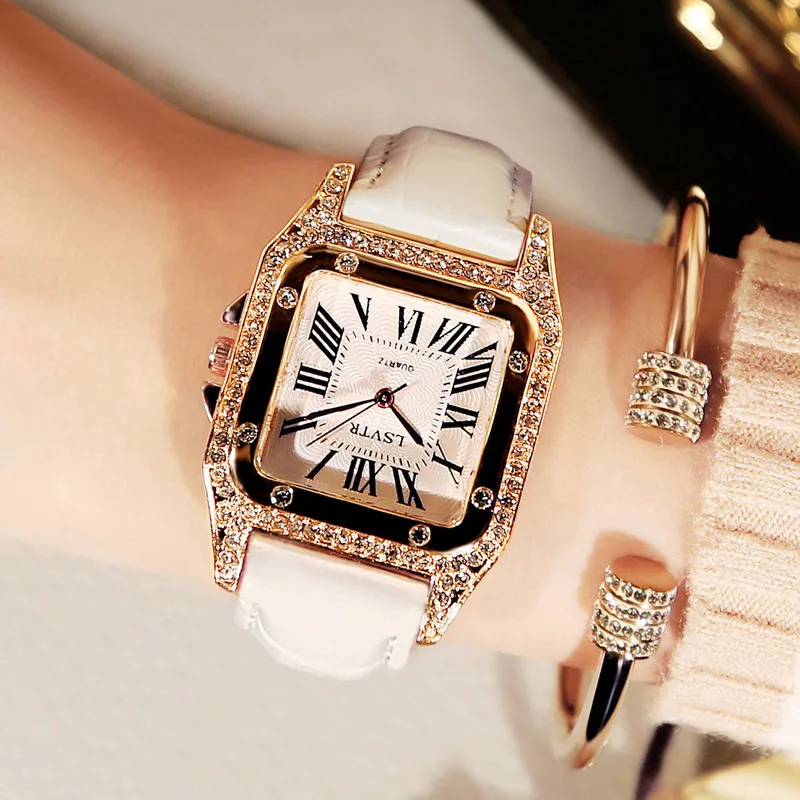 

Luxury Diamond Women Watch White Square Crystal Ladies Dress Quartz Clocks Leather Strap Bracelet Watches bayan kol saati montre