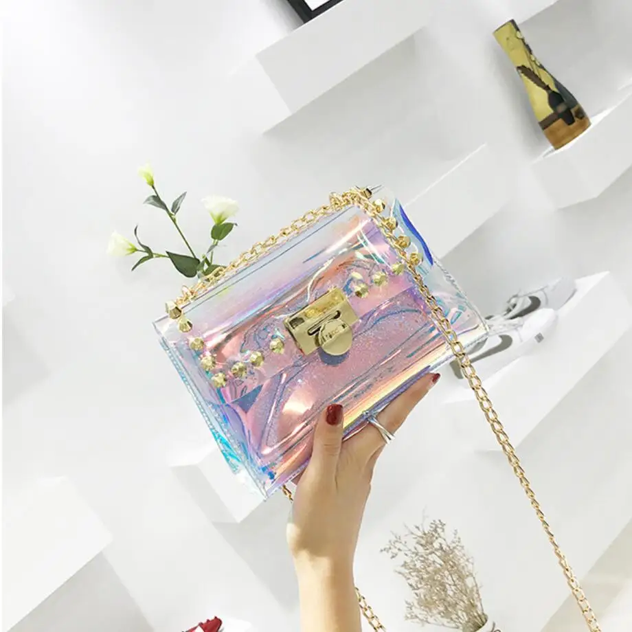 

Laser Transparent Jelly bag 2019 Summer New Quality PVC Women's Designer Handbag Lock Chain Shoulder Messenger Bag Purses Bolsas