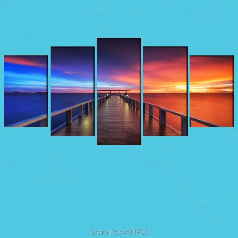 

Sunset Bridge 5 Panels Modern Seascape Canvas Prints Landscape Pictures Paintings Unframed Canvas Wall Art For Home Decor