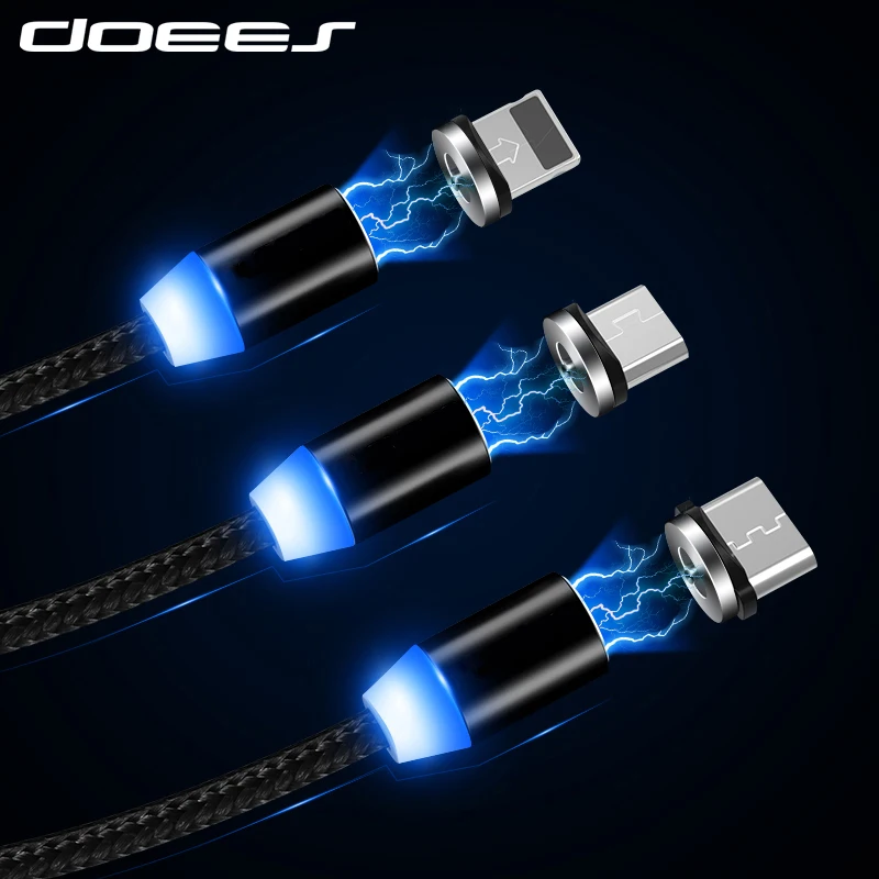 

Mobile Phone Magnetic Cable Charger LED Charging Cable Micro USB, Type-C, For Apple iPhone 1M 2M Charging Wire Braided Nylon