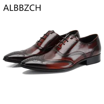 

New brand designer fashion carving genuine leather men shoes pointed toe lace up men's wedding dress shoes man office work shoes