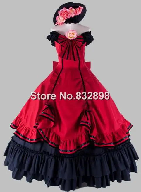 

Gothic Black and Wine Red Off the Shoulder Victorian 1870/90s Theater Dress
