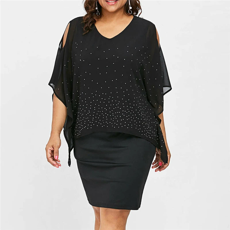 

Womail Women's Fashion Casual Dress Summer Plus Size O-Neck Short Sleeve Cold Shoulder Asymmetric Diamonds Dress Dropship Apr24