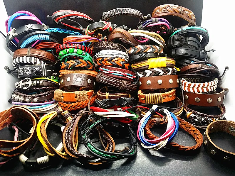 

MIXMAX wholesale 100pcs cuff Genuine leather bracelets assorted mixed colorful different stylesvintage Ethnic Tribal jewelry