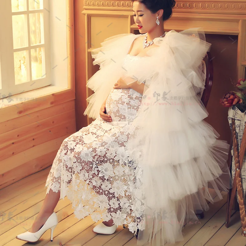 

SMDPPWDBB Maternity Photography Props Pregnant Women White Voile Lace Pregnancy Photo Shoot Sleeveless V-Neck Flower Dress