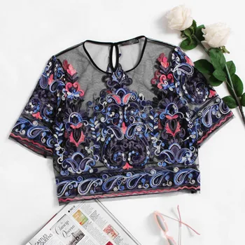 

O Neck Embroidery Mesh Top Short Sleeve Shirt Women Summer Embroidery See Through Mesh Top Short BShort Sleeve louse #20