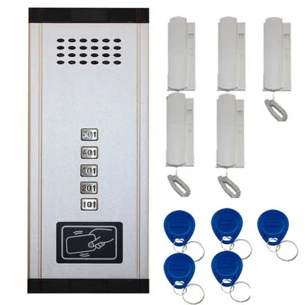 

New Arrival Audio Door Phone Intercom System 5-apartments Audio Doorbell,New Design Indoor Unit ID Card Unlock Function