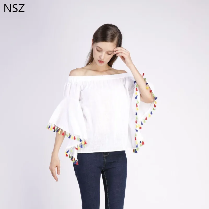 

NSZ Women Off Shoulder Top Cotton White Tassel Blouse Shirt Slash neck Bat Sleeve Casual Summer Top Elegant Blusa Camisas Mujer