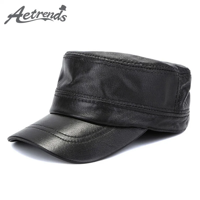  [AETRENDS] Winter Genuine Leather Military Hats for Men Flat Cap Dad Hat 100% Leather Captain Army 